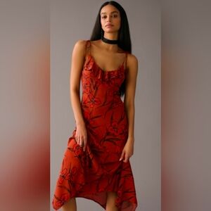 Anthropologie Sunday In Brooklyn Ruffled V Neck Slip Midi Dress Floral Rust Oran